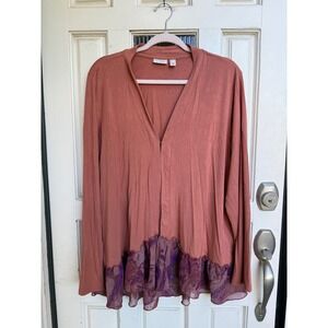 LOGO Lori Goldstein Terracotta Ruffle Mesh Hem Cardigan Top Womens‎ Size Large